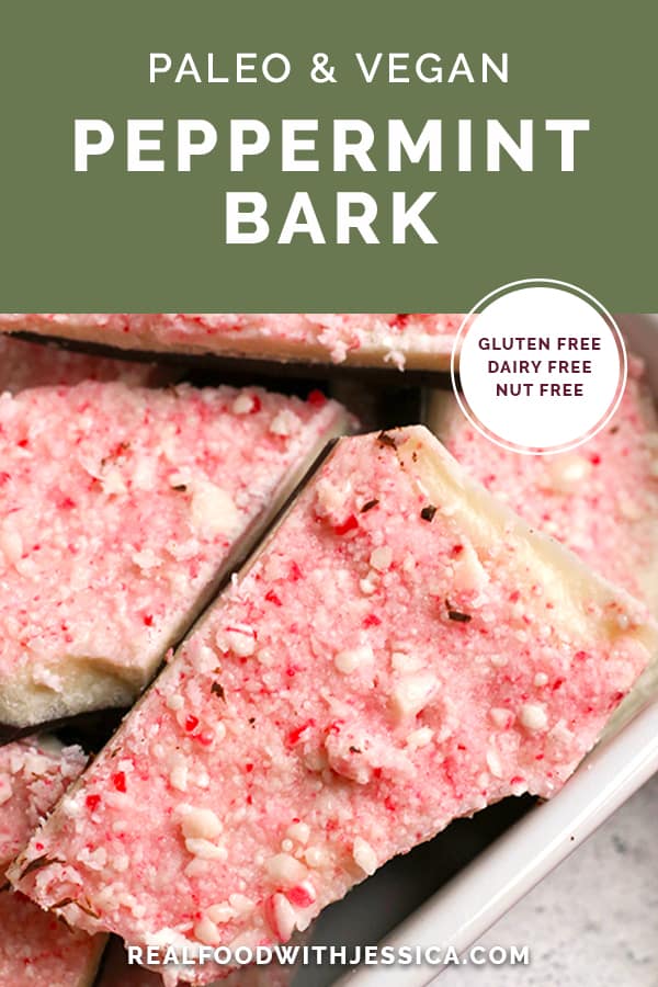 This Paleo Vegan Peppermint Bark is simple, quick, and such a delicious treat. It is no-bake, gluten free, dairy free, and naturally sweetened.