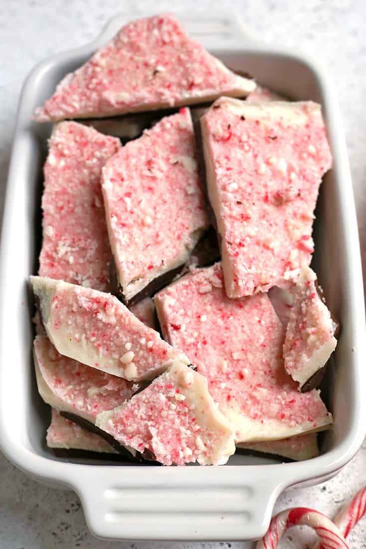 This Paleo Vegan Peppermint Bark is simple, quick, and such a delicious treat. It is no-bake, gluten free, dairy free, and naturally sweetened.