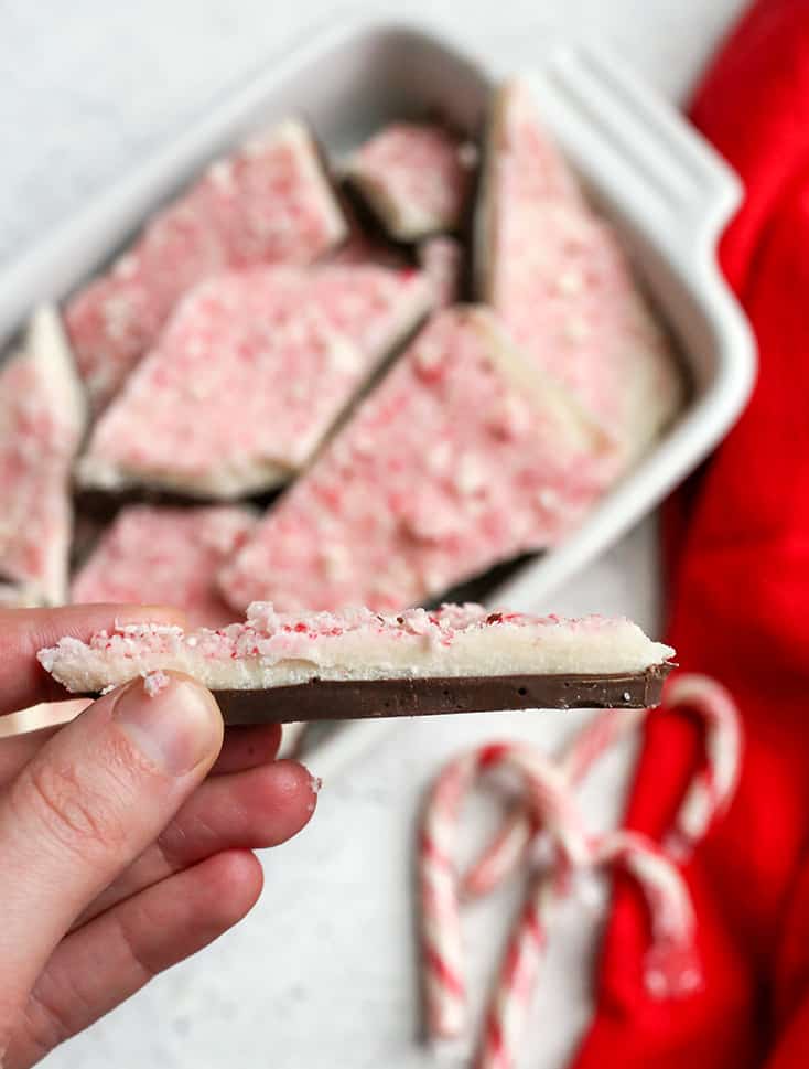 This Paleo Vegan Peppermint Bark is simple, quick, and such a delicious treat. It is no-bake, gluten free, dairy free, and naturally sweetened.