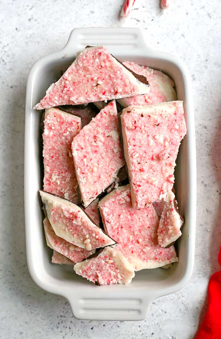 This Paleo Vegan Peppermint Bark is simple, quick, and such a delicious treat. It is no-bake, gluten free, dairy free, and naturally sweetened.