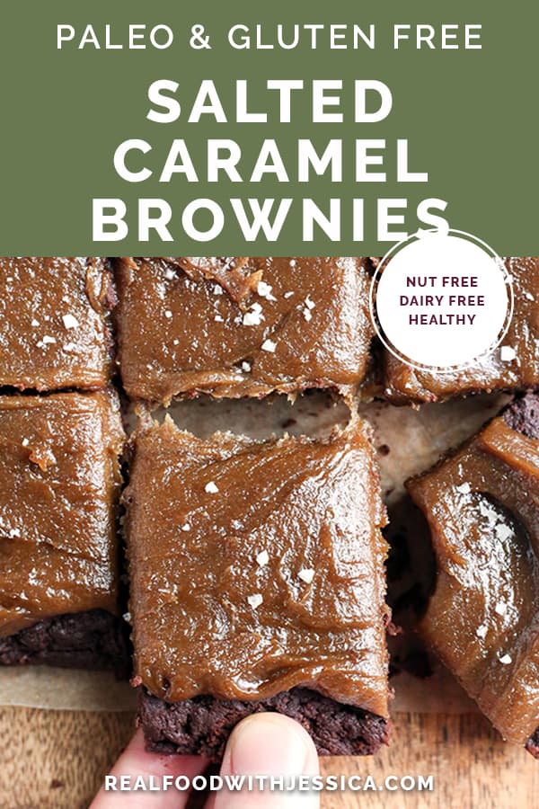 These Paleo Salted Caramel Brownies are a rich treat that everyone will love! A simple, fudgy brownie topped with a thick layer of dairy free caramel. They are nut free, gluten free, dairy free, and naturally sweetened.