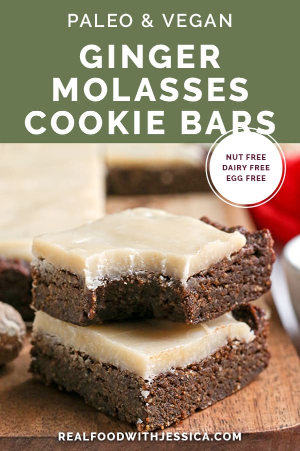 These Paleo Vegan Ginger Molasses Cookie Bars are simple to make and so flavorful. Rich, chewy and sweet while being nut free, gluten free, dairy free with an egg free and vegan option.