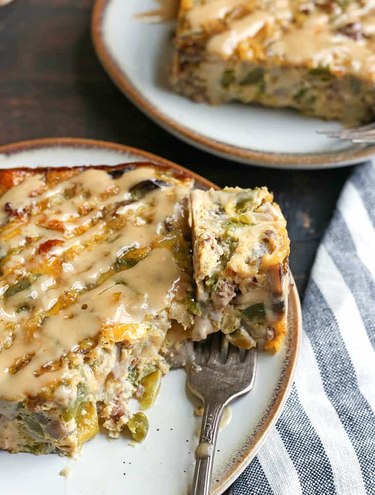 This Paleo Whole30 Philly Cheesesteak Breakfast Casserole is a hearty dish that is packed with veggies and flavor. It's gluten free, dairy free, and sugar free. 
