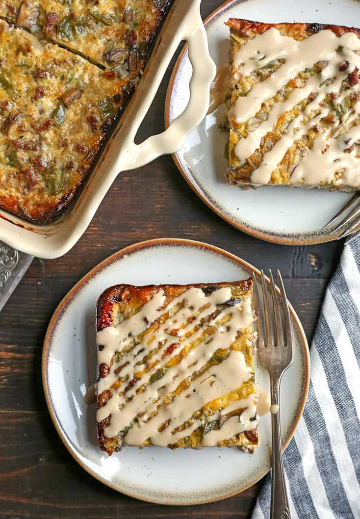 This Paleo Whole30 Philly Cheesesteak Breakfast Casserole is a hearty dish that is packed with veggies and flavor. It's gluten free, dairy free, and sugar free. 