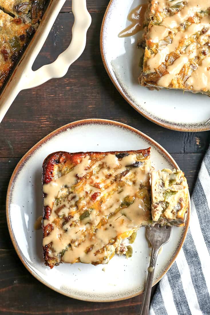 This Paleo Whole30 Philly Cheesesteak Breakfast Casserole is a hearty dish that is packed with veggies and flavor. It's gluten free, dairy free, and sugar free. 