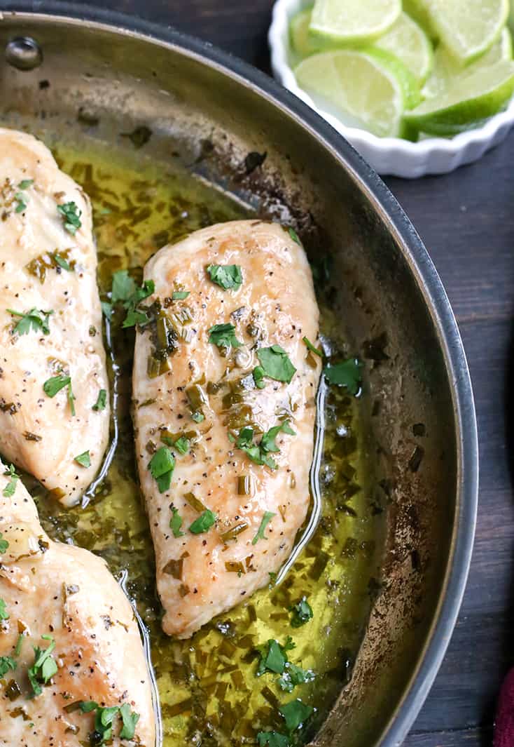 This Paleo Whole30 Skillet Cilantro Lime Chicken is quick to make and very delicious. It's gluten free, dairy free, low carb and low FODMAP.