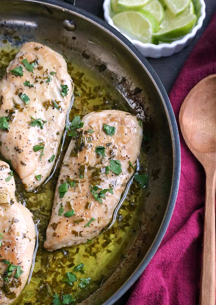 This Paleo Whole30 Skillet Cilantro Lime Chicken is quick to make and very delicious. It's gluten free, dairy free, low carb and low FODMAP.