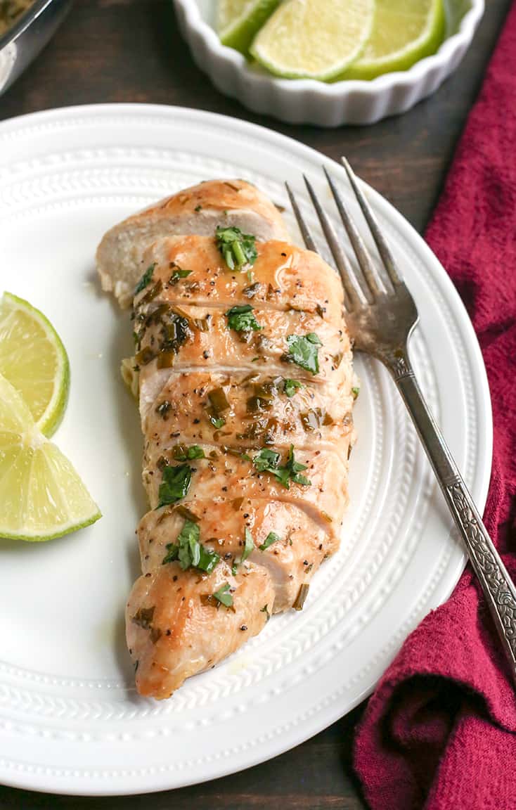 This Paleo Whole30 Skillet Cilantro Lime Chicken is quick to make and very delicious. It's gluten free, dairy free, low carb and low FODMAP.