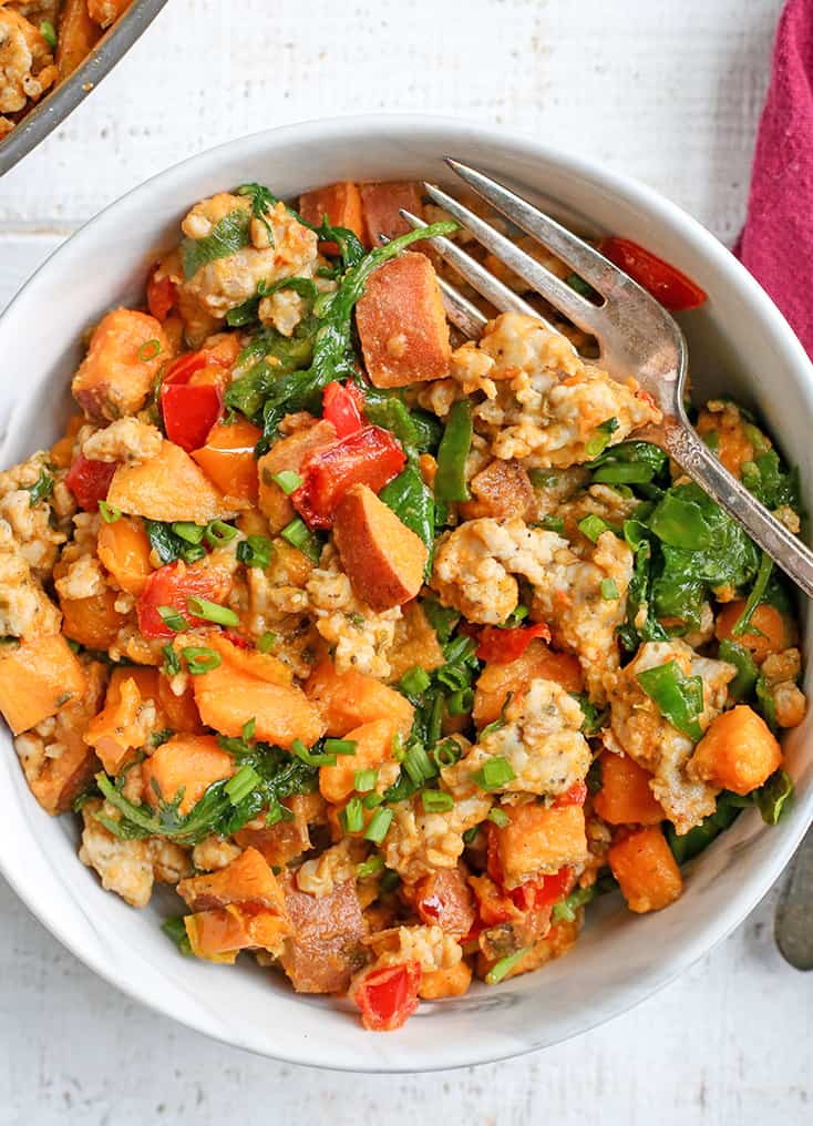 This Paleo Whole30 Sweet Potato Sausage Hash is a great egg-free breakfast. A filling meal that is gluten free, dairy free, and low FODMAP. 