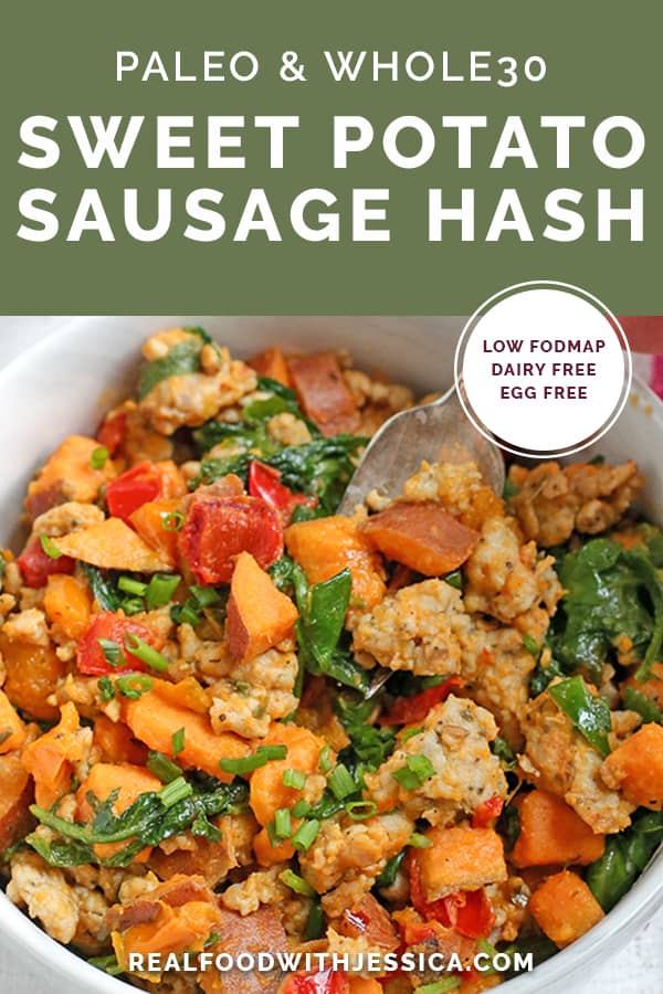 This Paleo Whole30 Sweet Potato Sausage Hash is a great egg-free breakfast. A filling meal that is gluten free, dairy free, and low FODMAP.