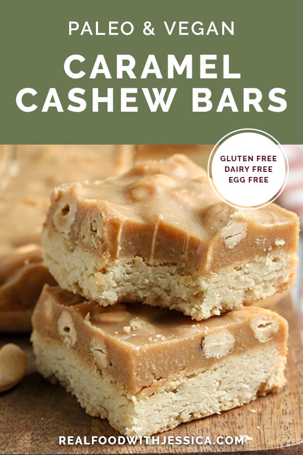 These Paleo Caramel Cashew Bars are easy to make, rich, and so good! A shortbread layer topped with a fudge-like layer that is sweet and packed with buttery cashews. They are gluten free, dairy free, vegan, and naturally sweetened.