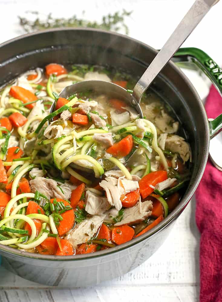 This Paleo Whole30 Chicken Zoodle Soup is just as good as the classic, made healthier. A satisfying soup that is gluten free, dairy free, low carb and low FODMAP. 