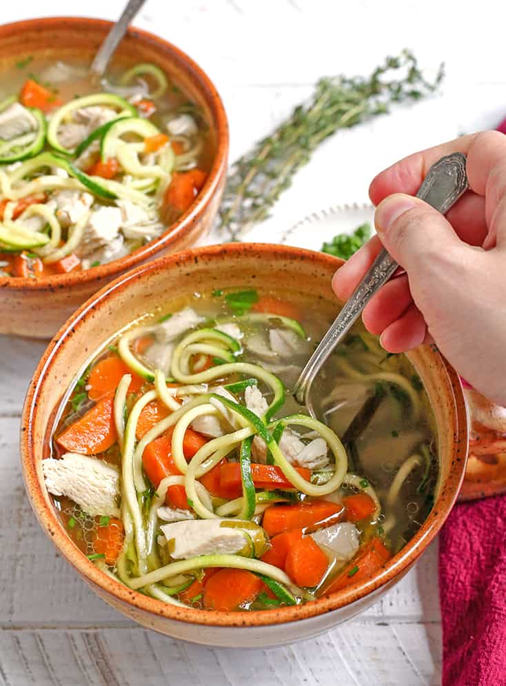 This Paleo Whole30 Chicken Zoodle Soup is just as good as the classic, made healthier. A satisfying soup that is gluten free, dairy free, low carb and low FODMAP. 