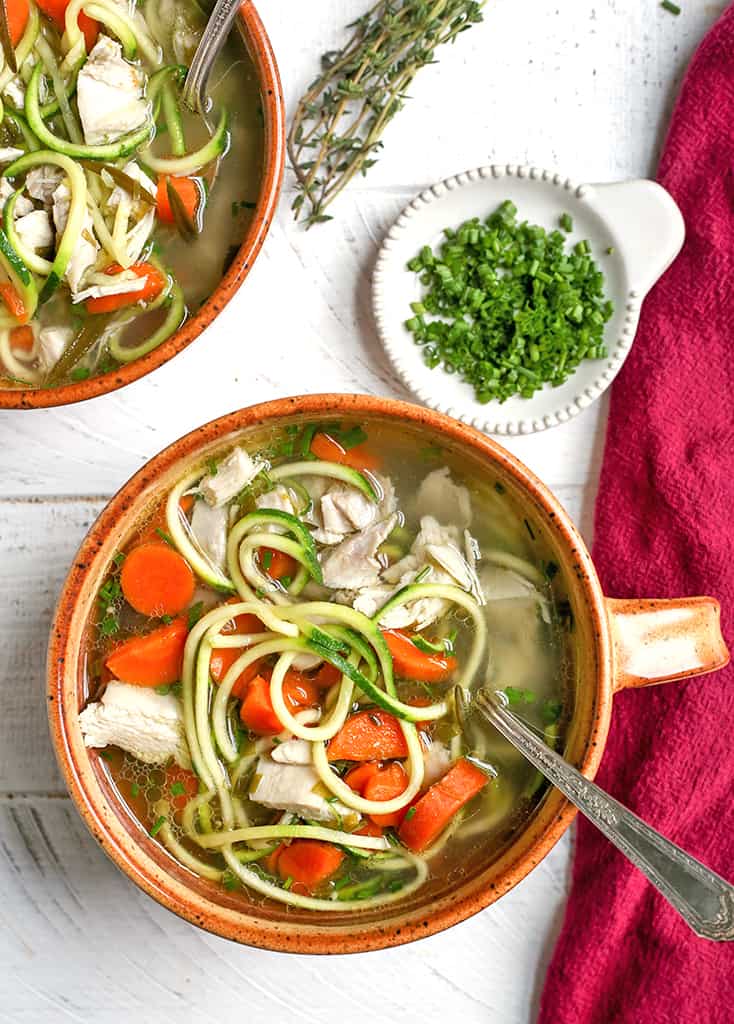 This Paleo Whole30 Chicken Zoodle Soup is just as good as the classic, made healthier. A satisfying soup that is gluten free, dairy free, low carb and low FODMAP. 