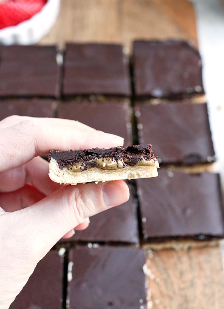 These Paleo Nut Free Tagalong Bars are simple to make and so delicious. A shortbread crust, sweet SunButter layer, and topped with chocolate. They are vegan, gluten free, dairy free, and naturally sweetened.