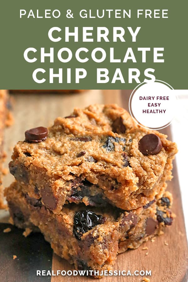 cherry chocolate chip bars. Grain free and naturally sweetened. With text. 