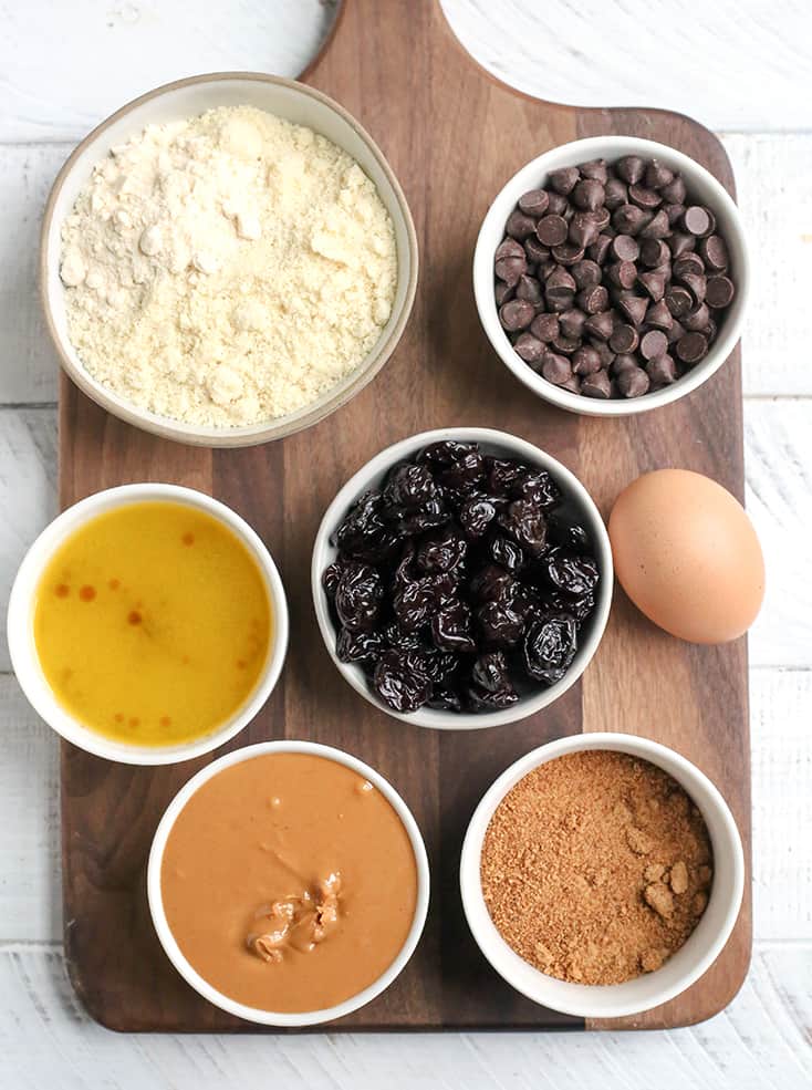 all the ingredients laid out for the paleo cherry chocolate chip bars. 