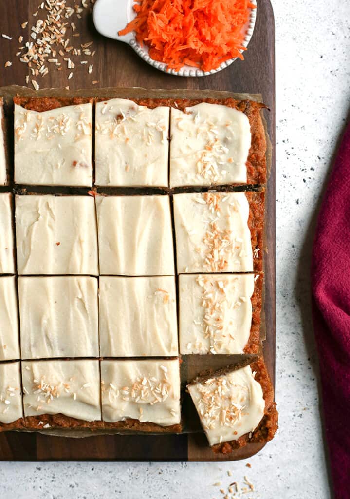 nut free carrot cake bars, sliced, overhead shot