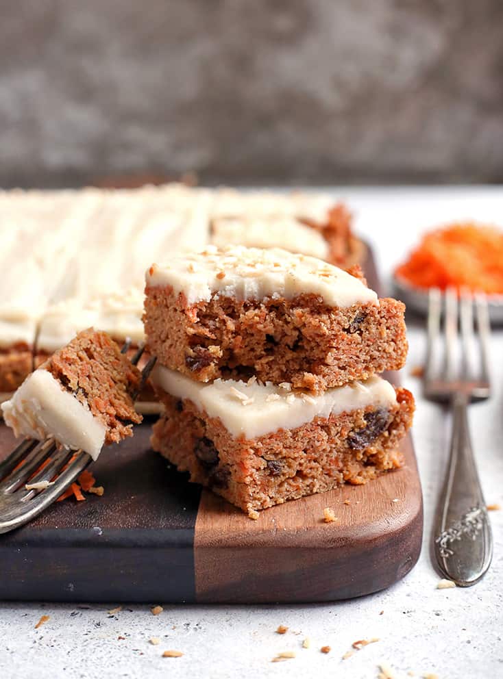 nut free carrot cake bars, stacked