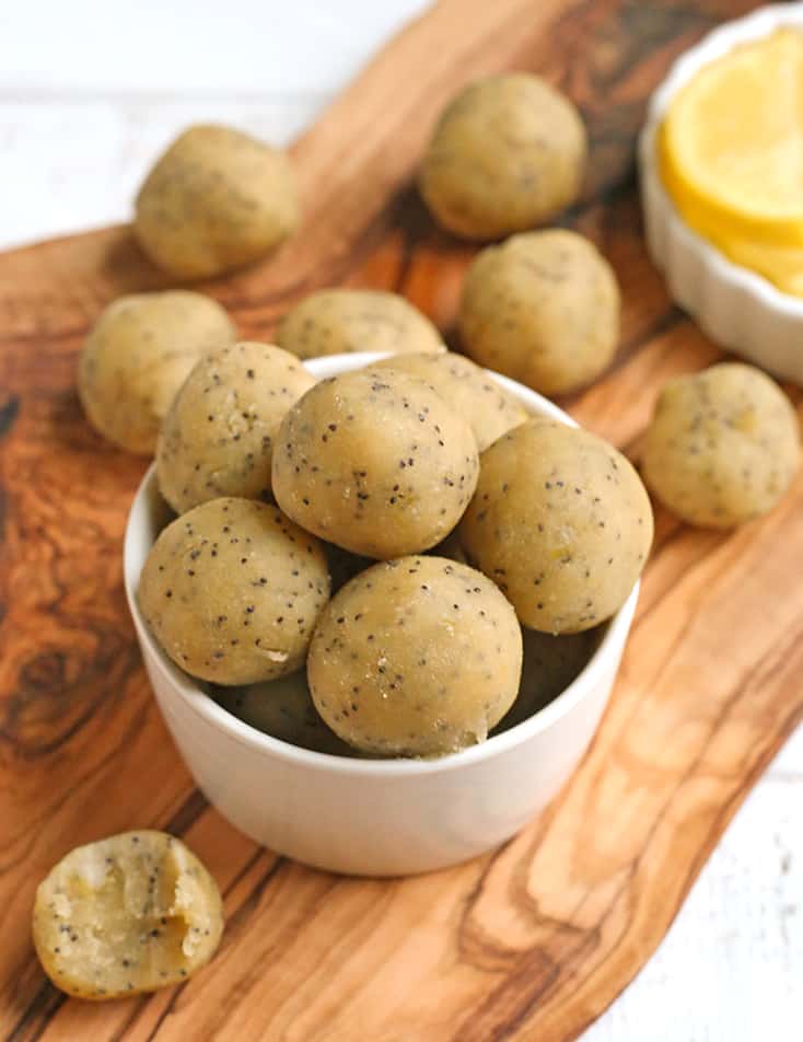 a bowl of paleo vegan lemon poppy seed bites