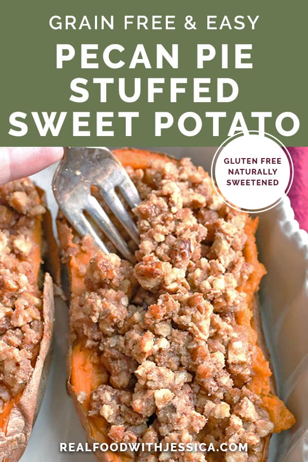 pecan pie stuffed sweet potato with text 