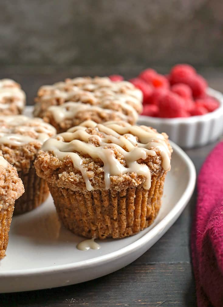 paleo coffee cake muffins on a plate, close up shot