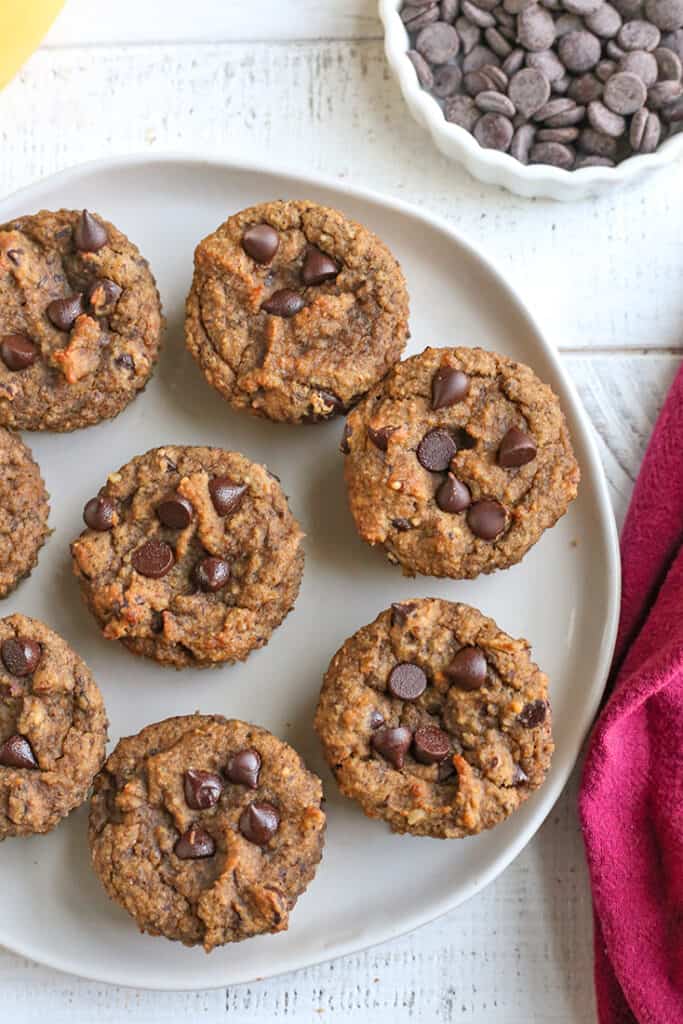 a plate with vegan paleo banana muffins on them. View from the top