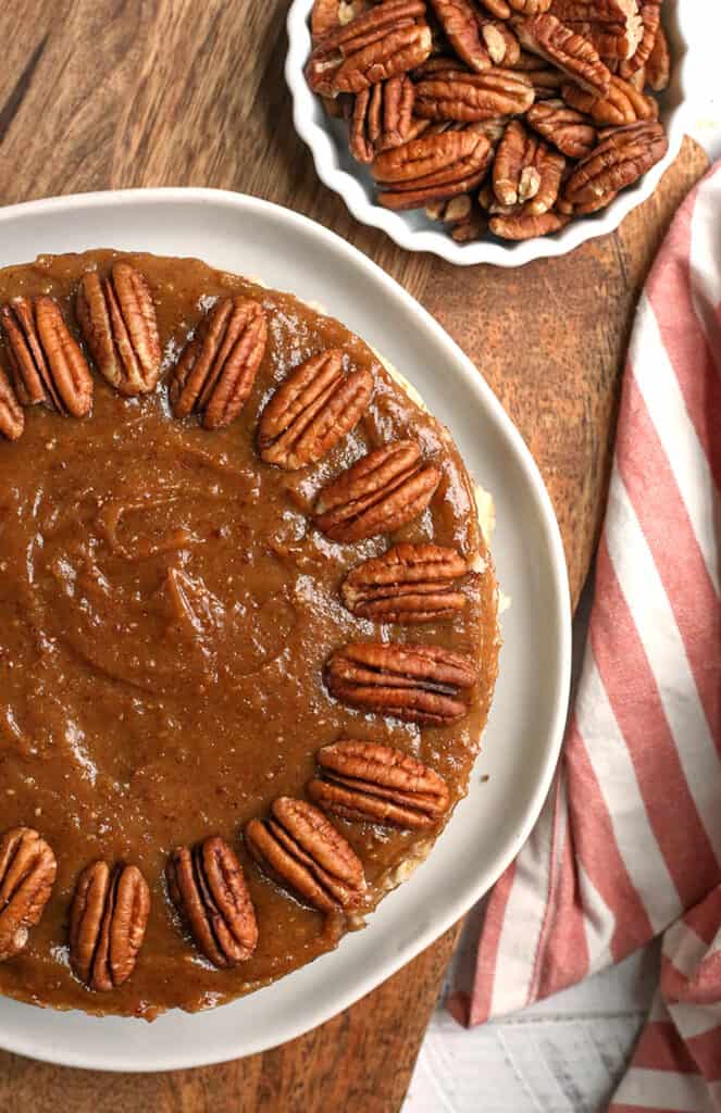 top view of paleo vegan caramel pecan cheesecake