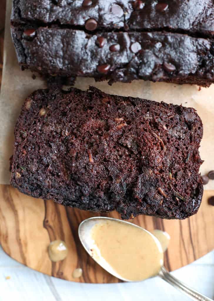 Up close shot of paleo vegan chocolate zucchini bread