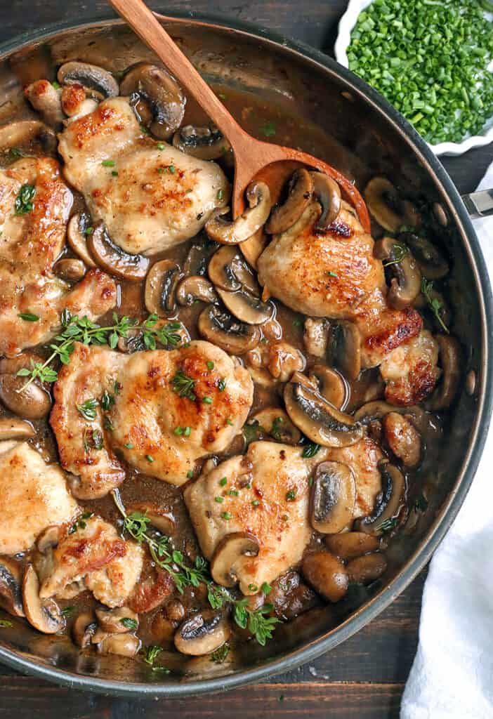 paleo creamy mushroom chicken in a pan 