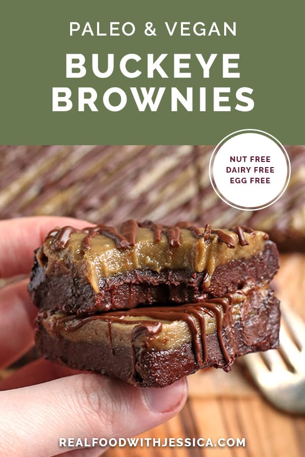 hand holding two paleo vegan buckeye brownies with text overlay 