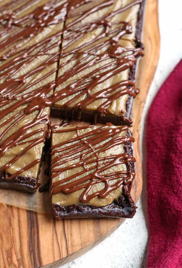 top shot of paleo vegan buckeye brownies on a cutting board