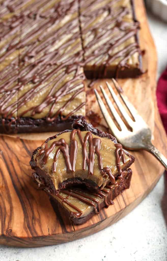 close shot of a stack of paleo vegan buckeye brownies 