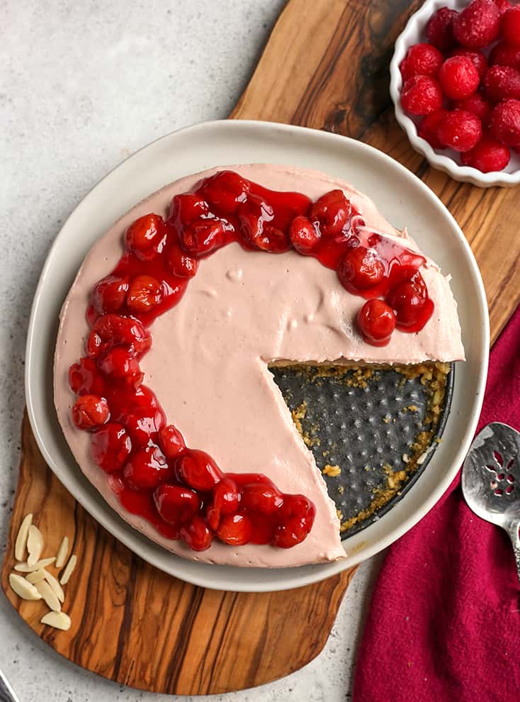 top shot of the whole paleo vegan cherry cheesecake 