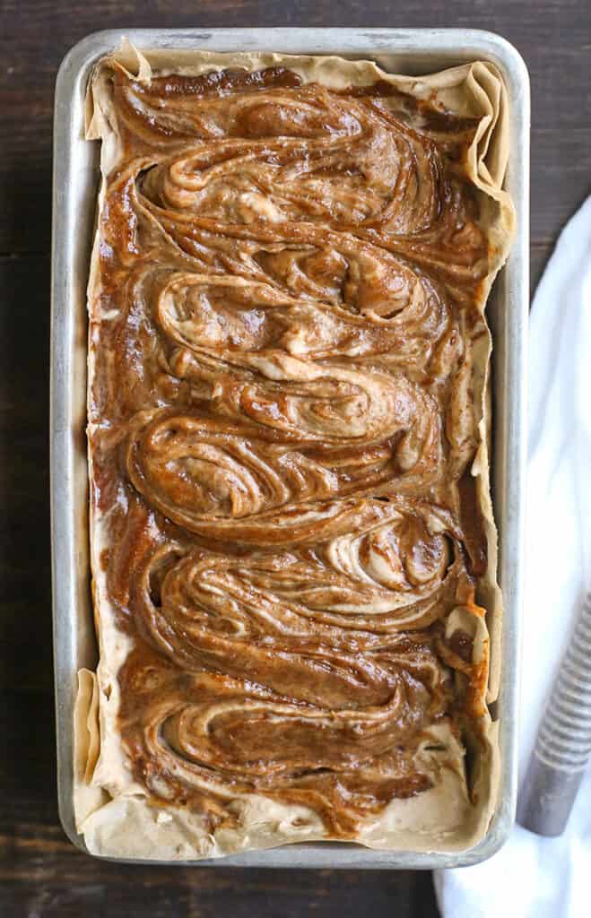 paleo vegan cinnamon roll ice cream, view from the top showing the cinnamon swirls 