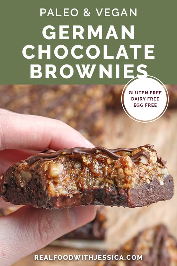 paleo vegan german chocolate brownies with text