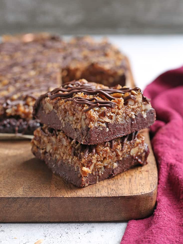 stack of two vegan paleo german chocolate brownies 