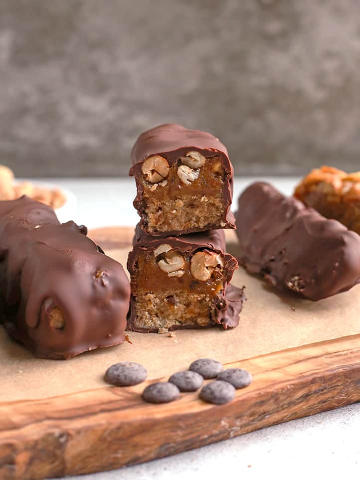 stack of two vegan paleo snickers bars