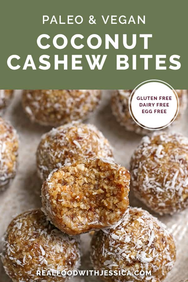 paleo coconut cashew bites with text 