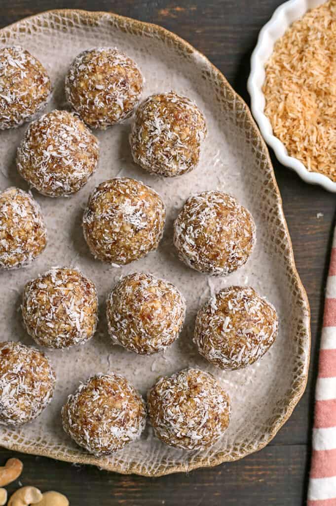 paleo vegan coconut cashew bites on a plate 