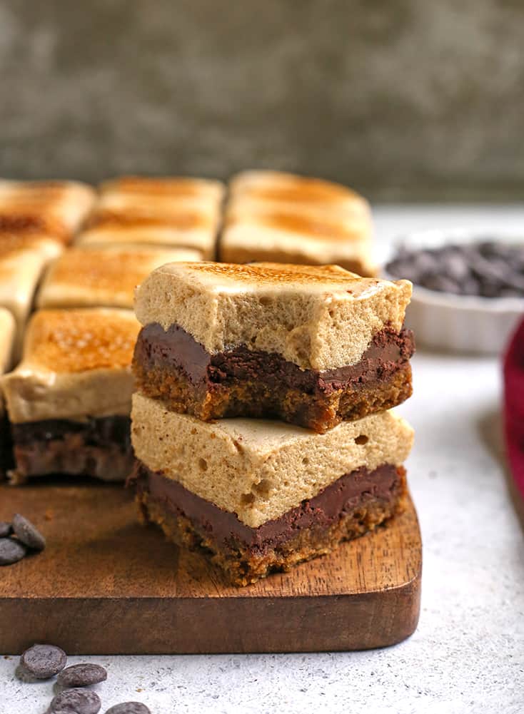 stack of two paleo s'more cookie bars with a bite taken out of one