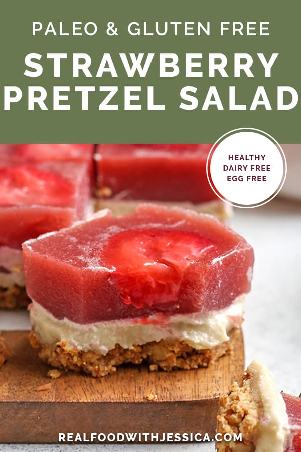 paleo strawberry pretzel salad image with text