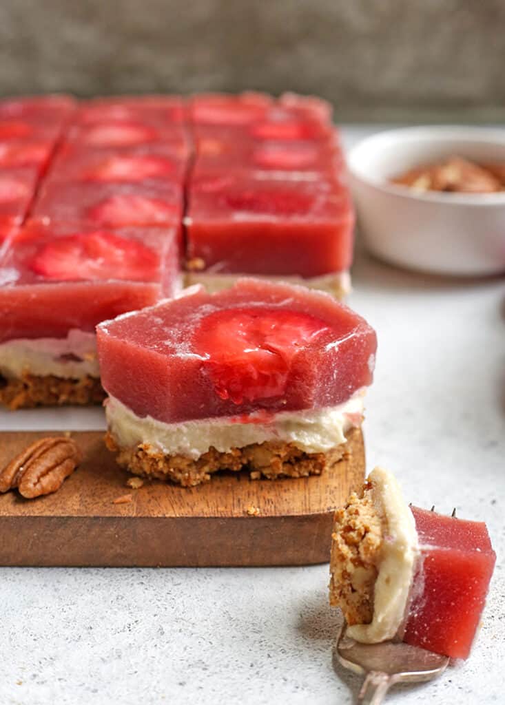 close up of grain free strawberry pretzel salad