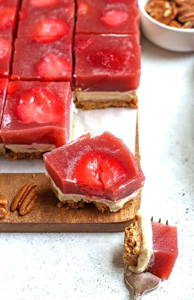 slices of grain free strawberry pretzel salad