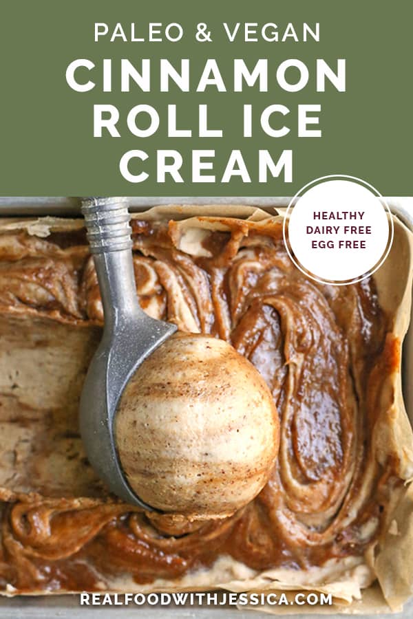 paleo vegan cinnamon roll ice cream with text 