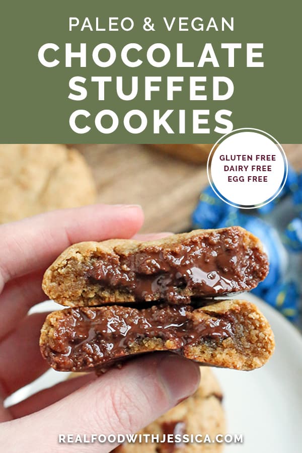 paleo chocolate stuffed cookies with text