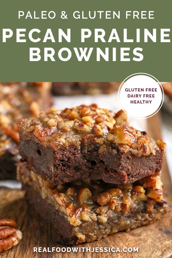 paleo pecan praline brownies with text