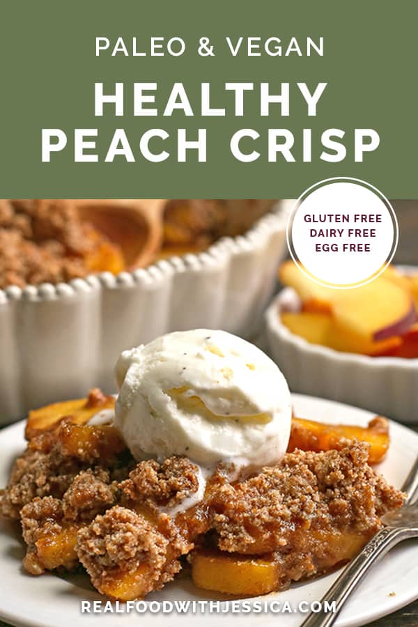 paleo vegan peach crisp with text