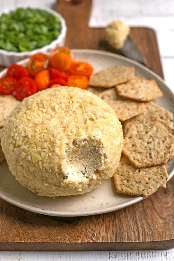 bite removed from dairy free cheeseball