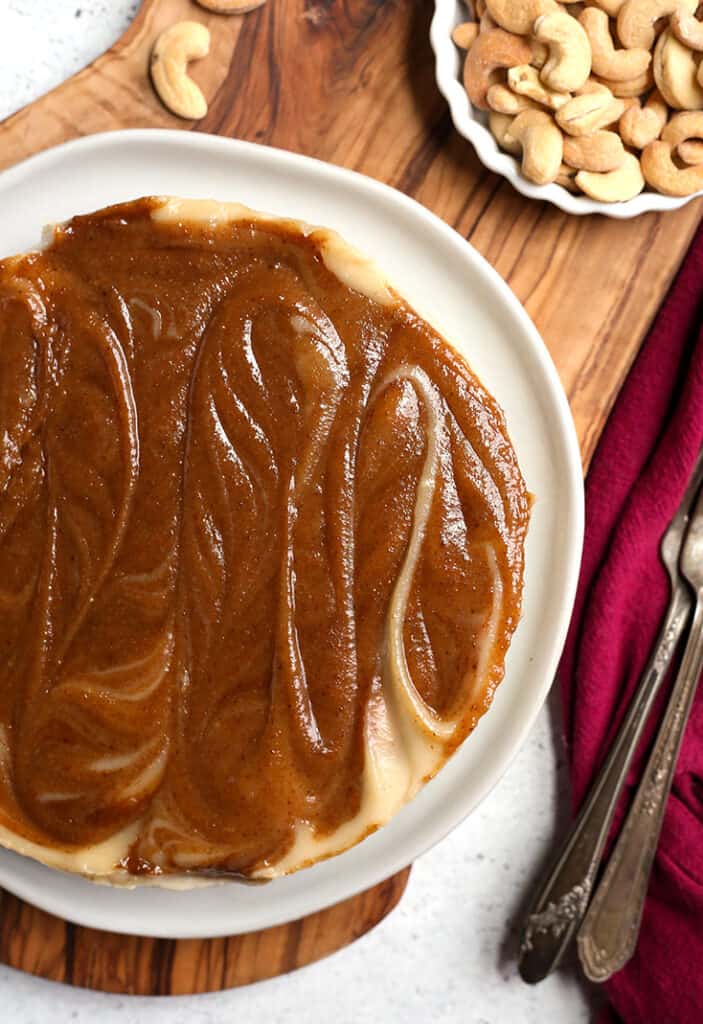 top view of vegan paleo cinnamon roll cheesecake 